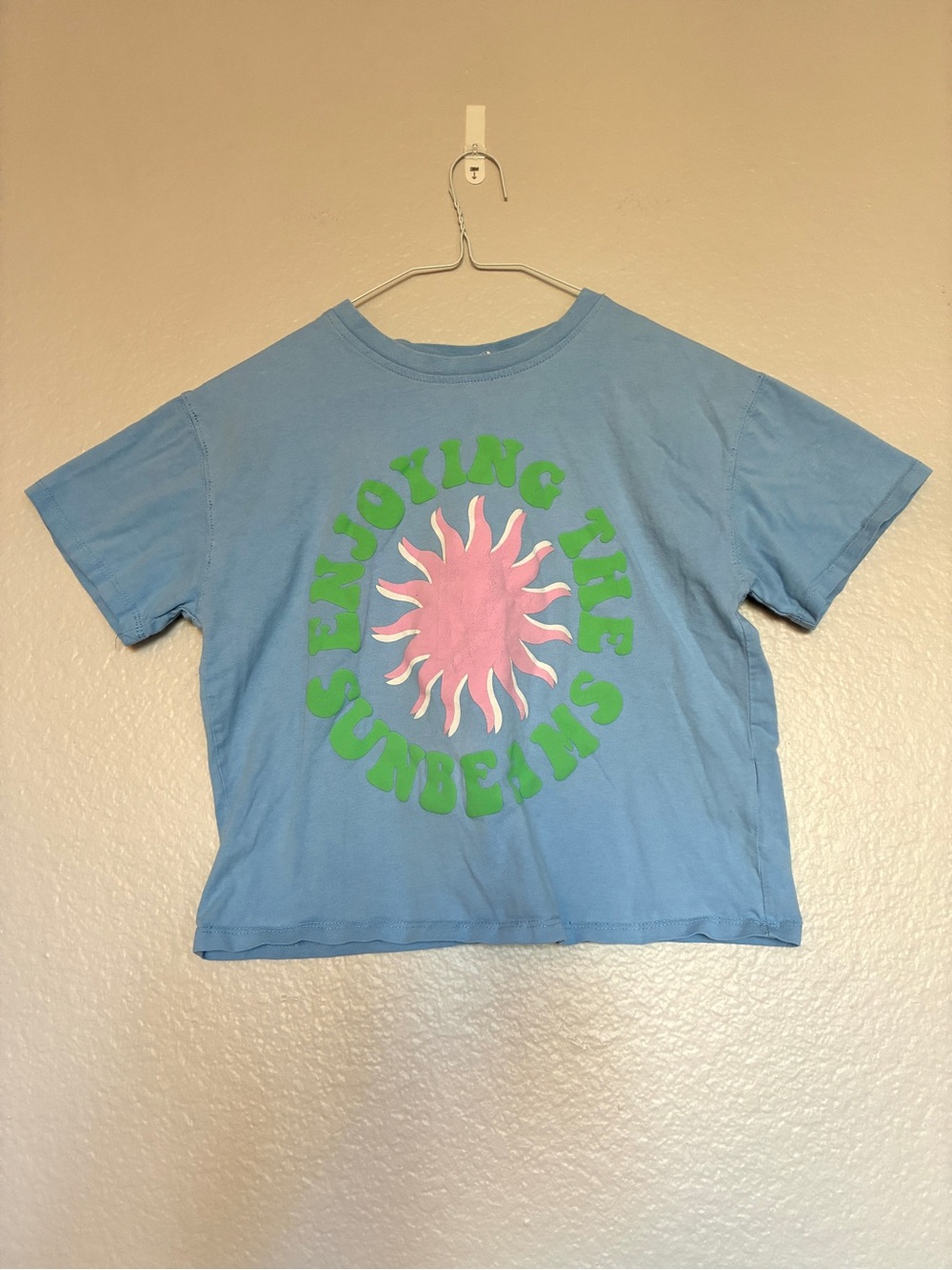 Zara Girls Cropped Sun Graphic Tee Light Blue Pink Sunbeams Size 11-12Y Summer